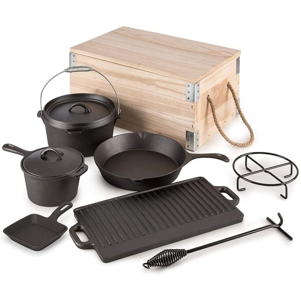 Camp Dutch Oven Cast - 8 Piece Pre-Seasoned Dutch Oven Cooking